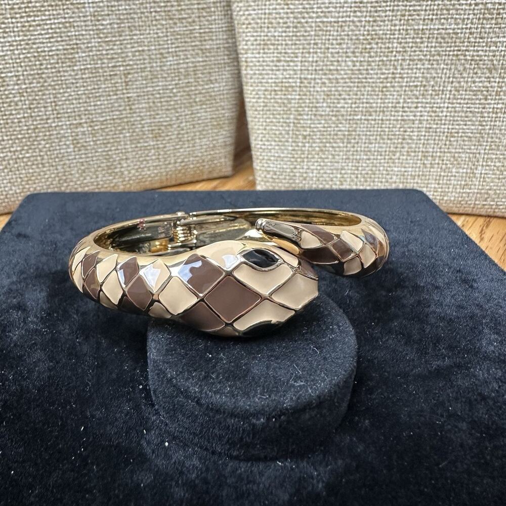 Sequin Nordstrom Brown Snake Gold Tone Statement Enamel Bangle Bracelet #170
